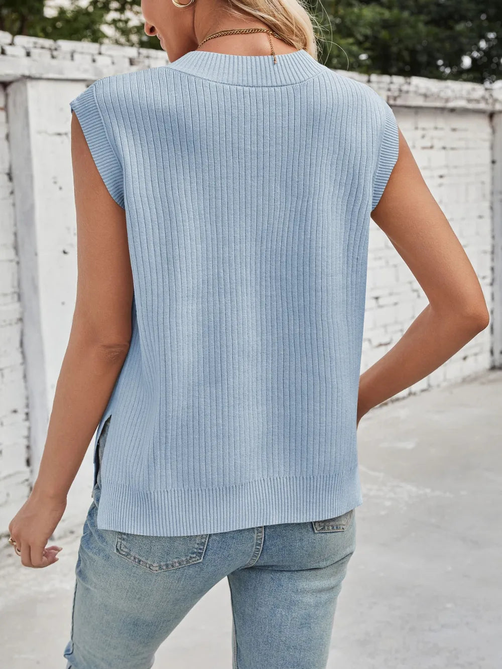 Lovelet Ribbed V-Neck Slit Sweater Vest.
