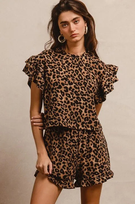 BiBi Leopard Print Waffle Texture Layered Ruffle Sleeve Top and Shorts Set.