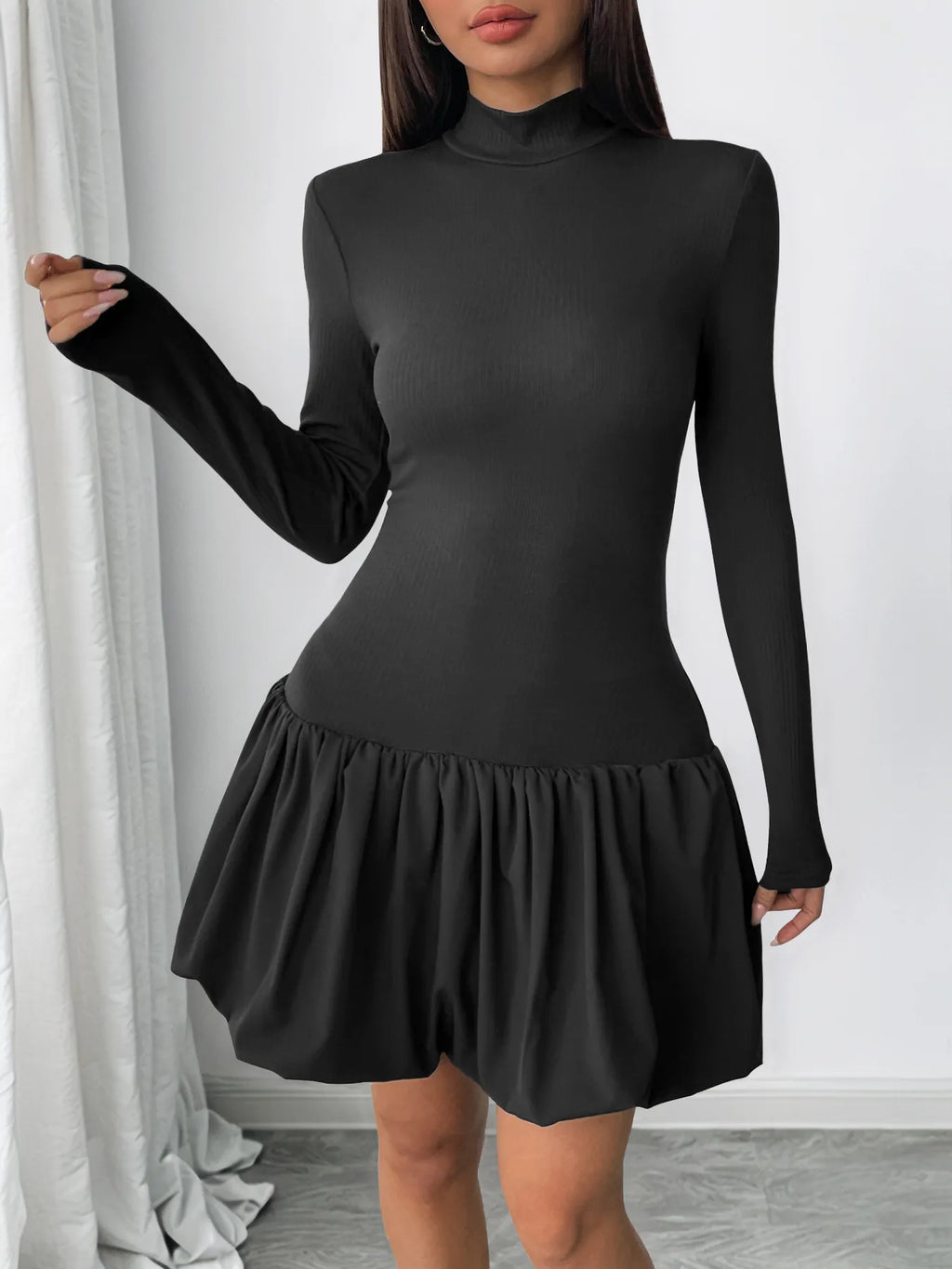 Mock Neck Long Sleeve Bubble Hem Dress.