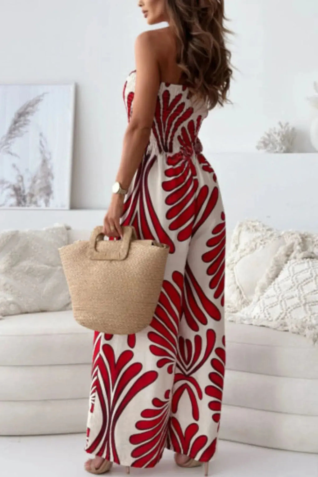 Printed Smocked Tube Wide Leg Jumpsuit.