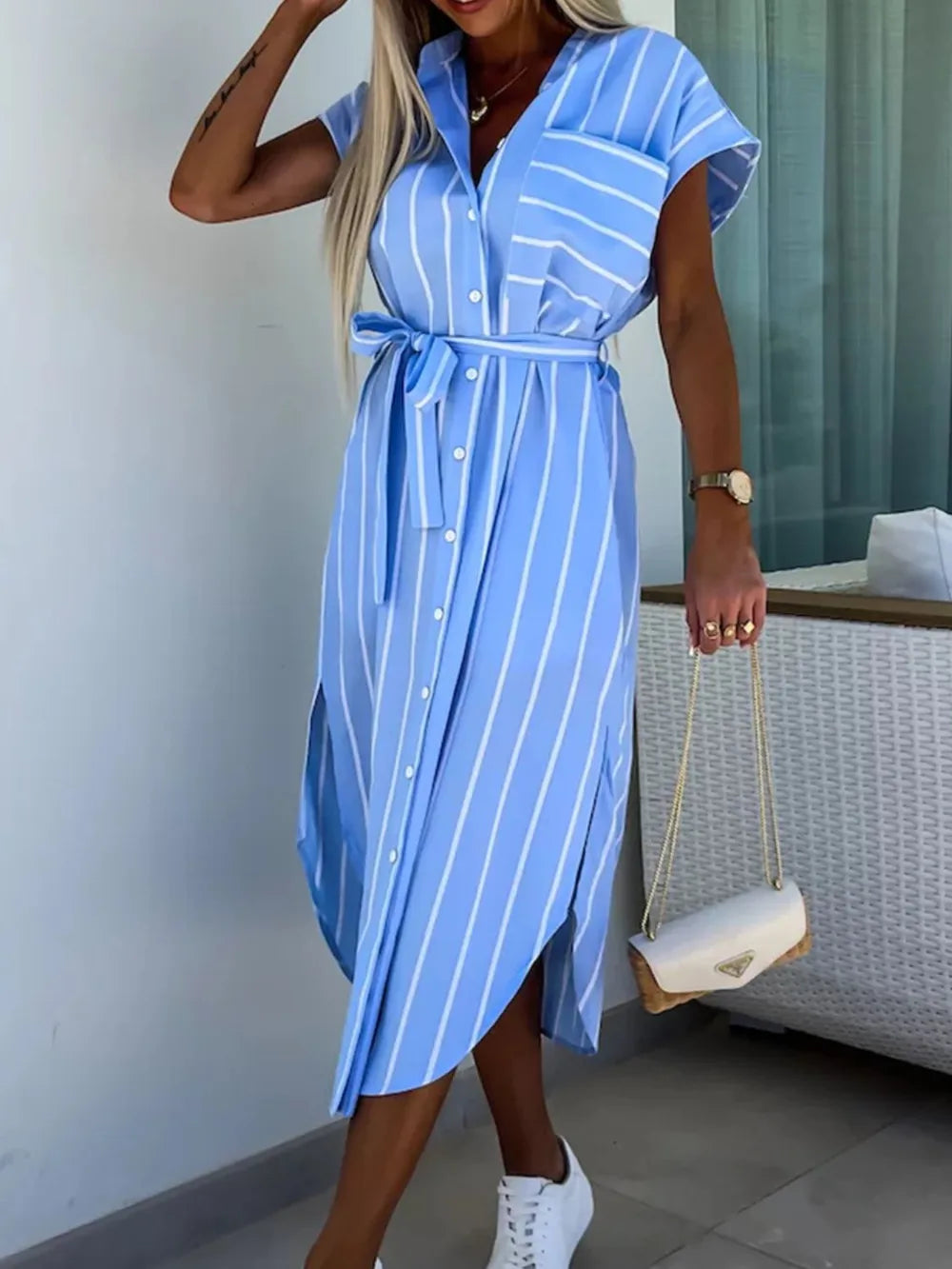 Striped Tie Waist Short Sleeve Dress.