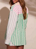 Casual Striped Button Up Shirt And Shorts Two Piece Set For Women