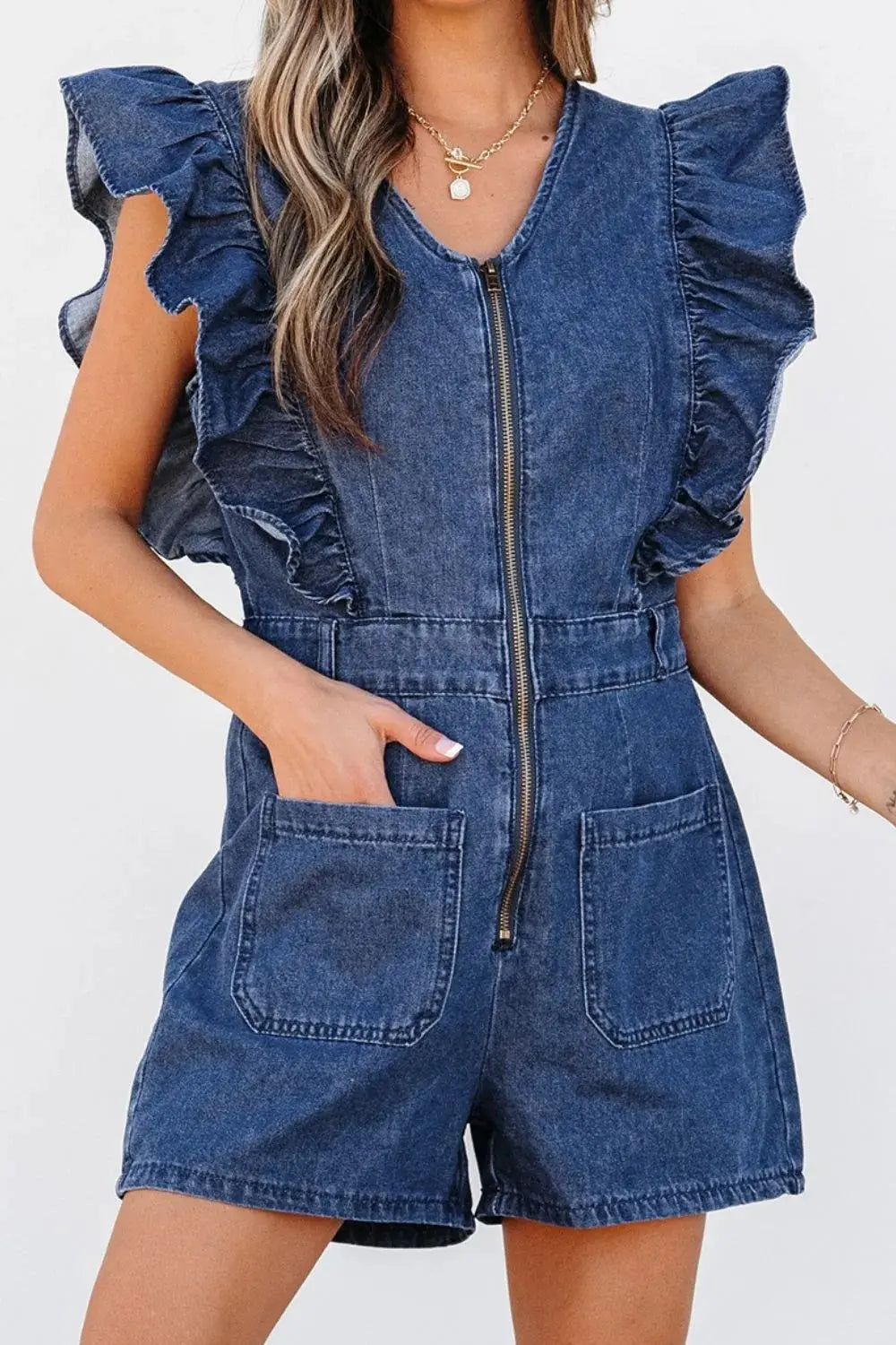 Denim Ruffled Zipped Front Belted Romper.