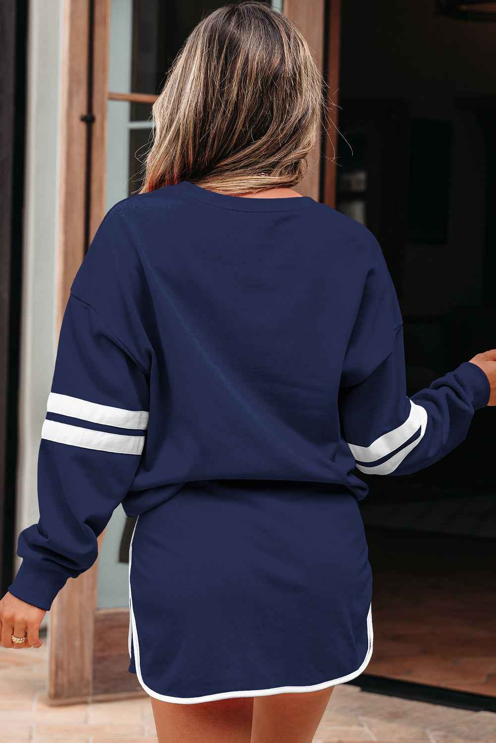 Navy Blue Varsity Stripe Detail Drop Shoulder Pullover Mini Skirt Set
