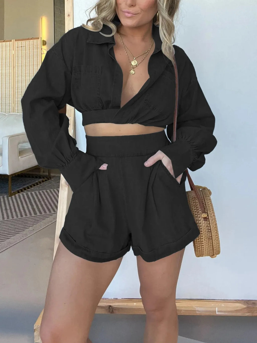 Long Sleeve Top and Shorts Denim Set Plus Size for women.