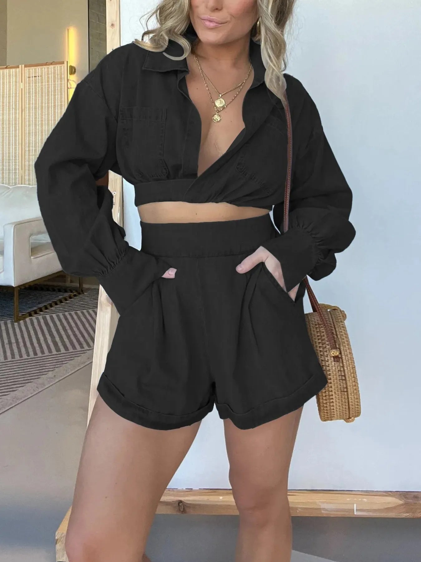 Long Sleeve Top and Shorts Denim Set Plus Size for women.