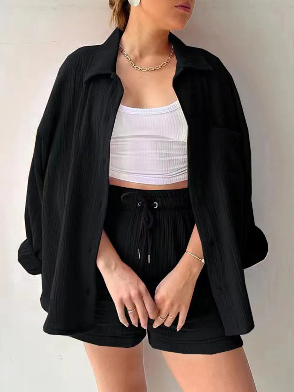 Texture Button Up Shirt and Drawstring Shorts Set - CHIC TB
