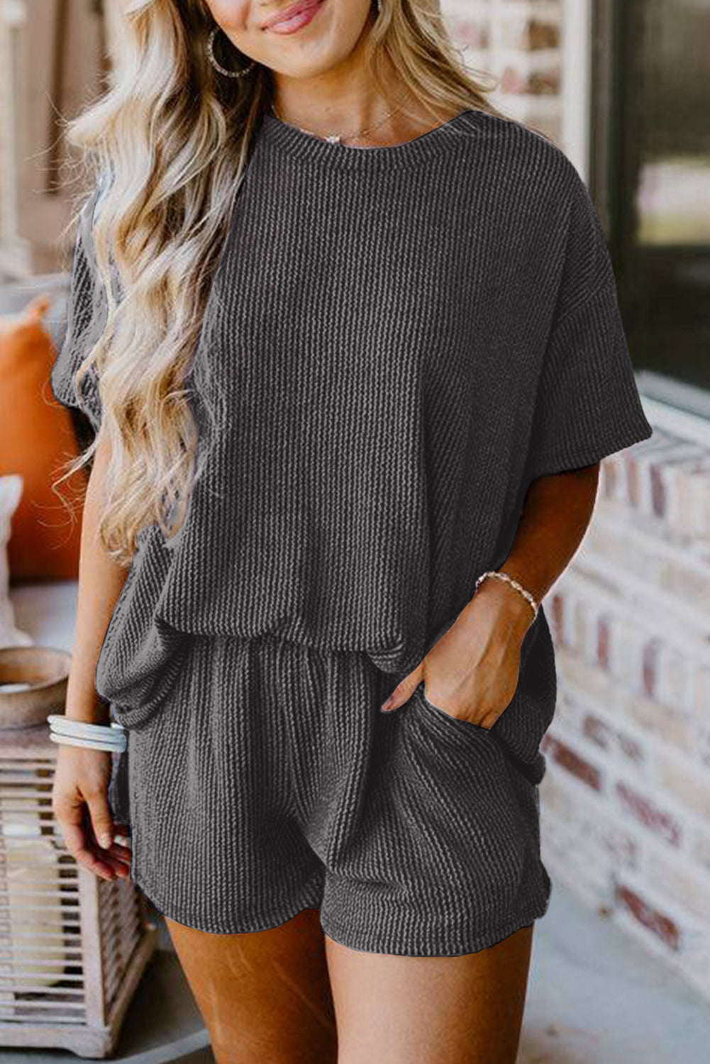 Carbon Grey Ribbed Textured Knit Loose Fit Tee and Shorts Set Dear-Lover Dropshipping