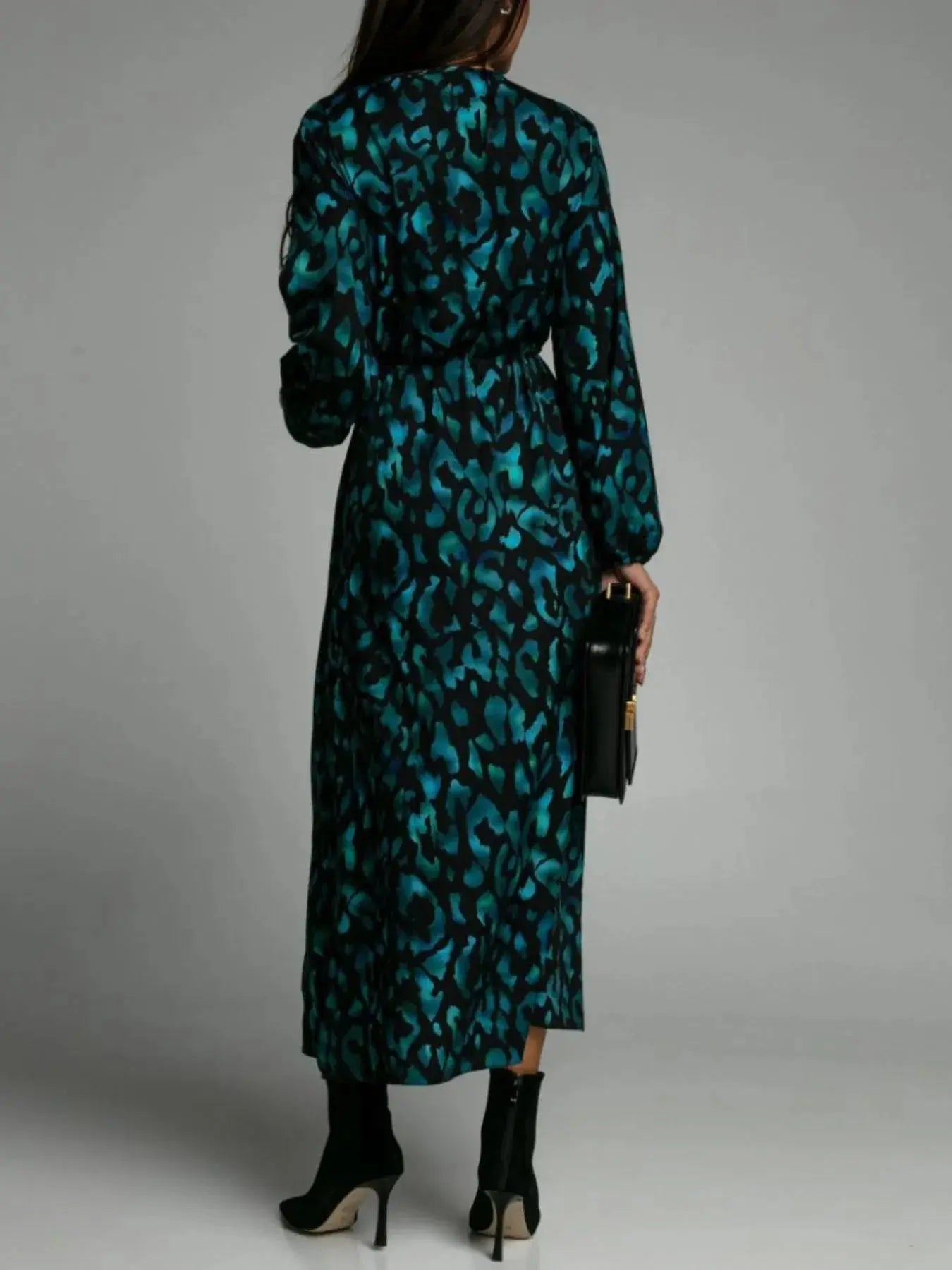 Printed Surplice Long Sleeve Midi Dress.