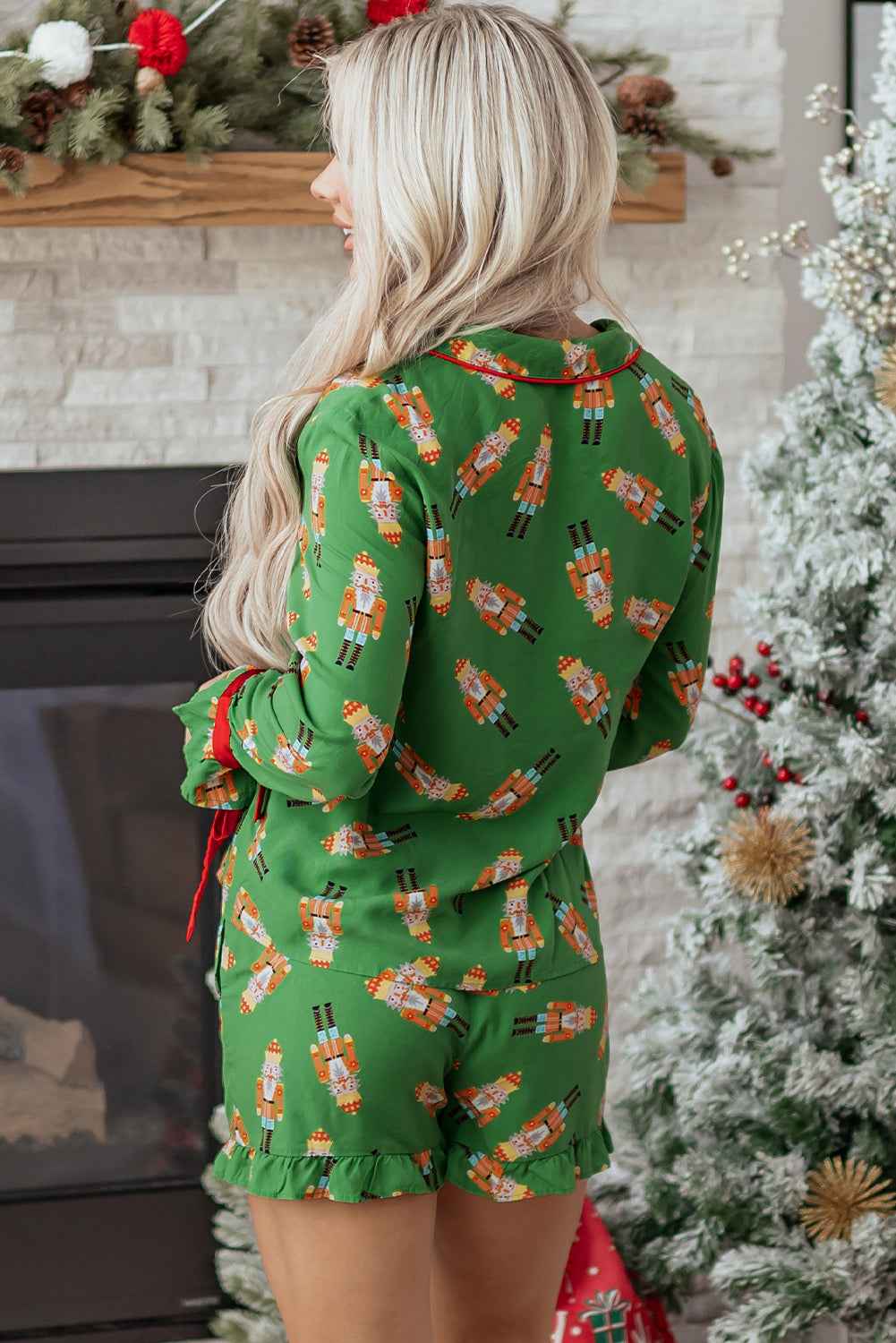 Green Christmas Candy Contrast Trim Bow Knot Silky 2pcs Pajama Set