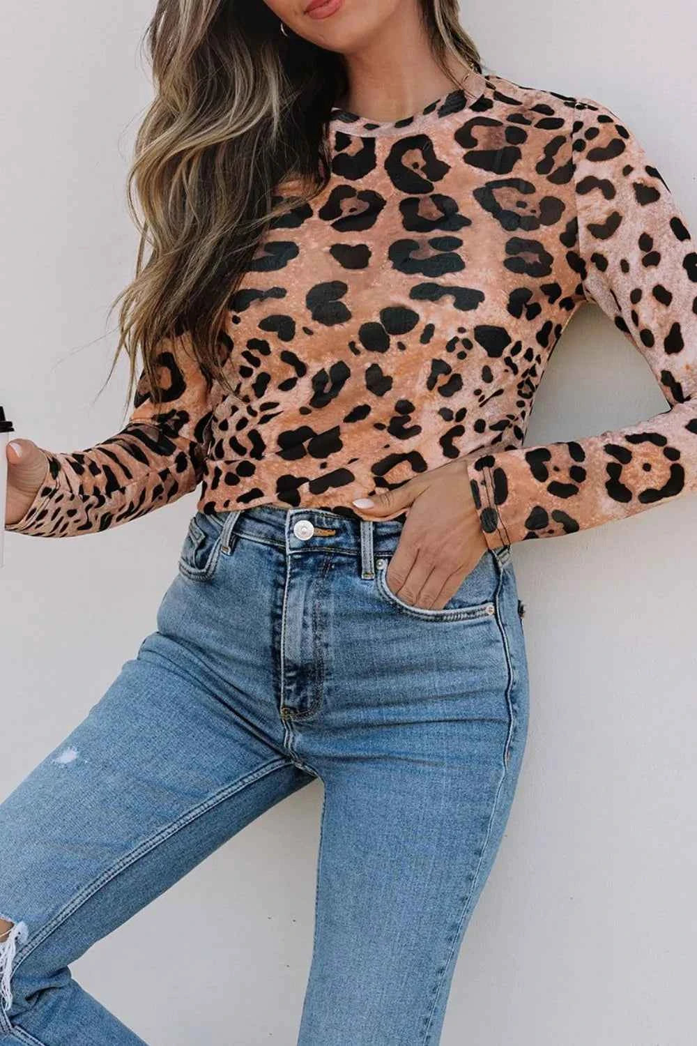 Leopard Round Neck Long Sleeve Blouse