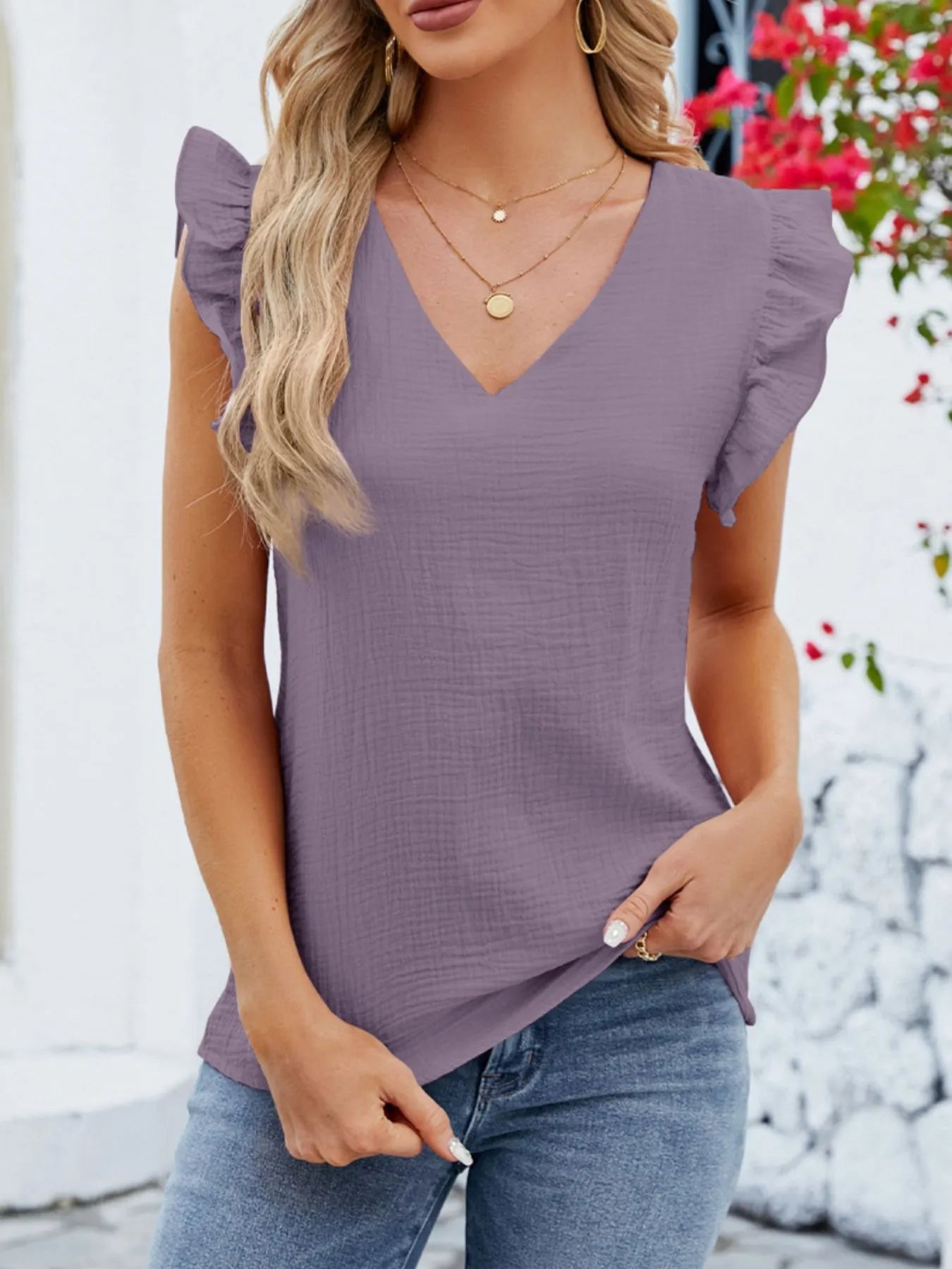V-Neck Ruffled Sleeve Top.