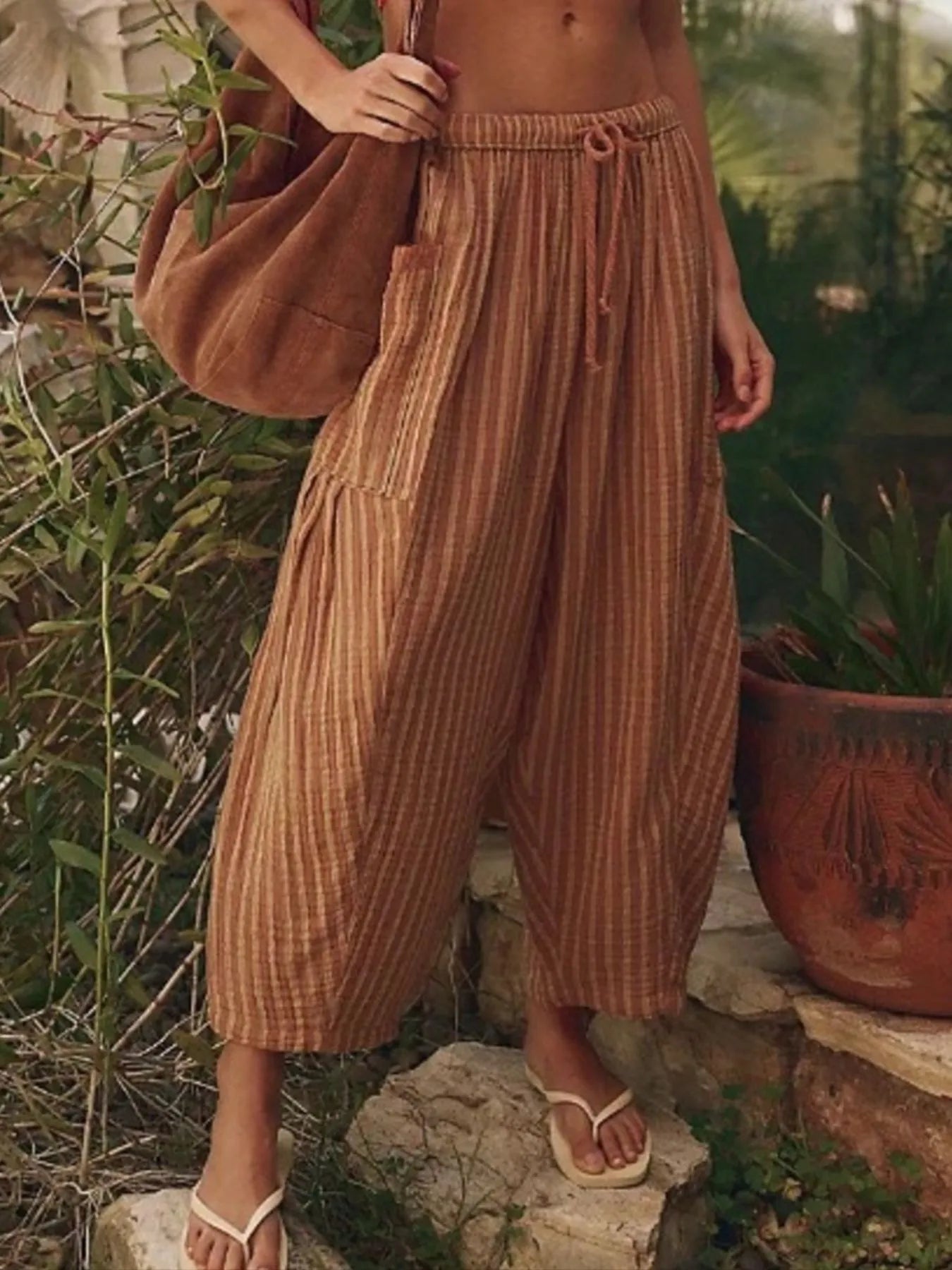 Full Size Striped Wide Leg Casual Pants Plus Size.