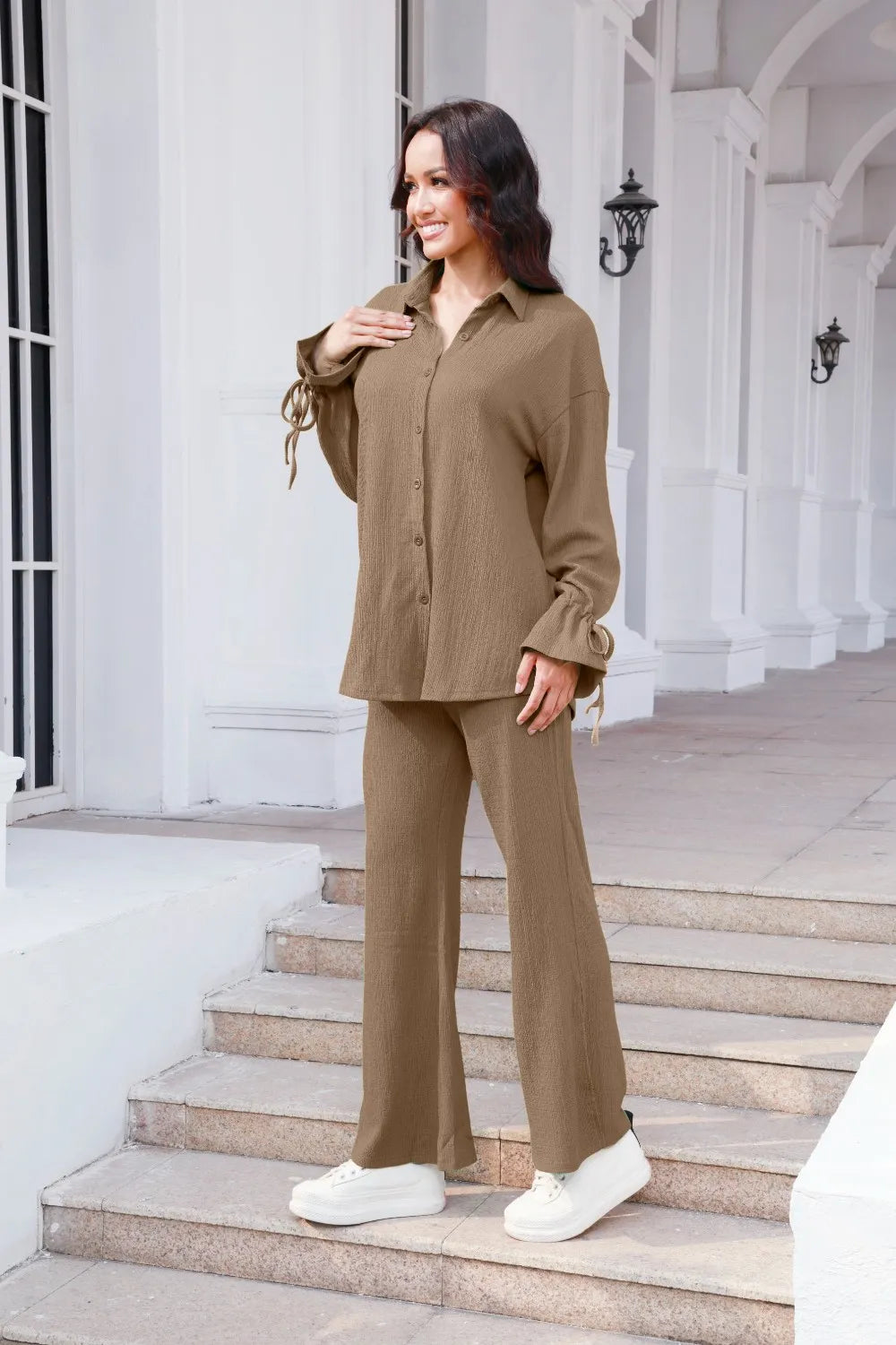 Drawstring Flounce Sleeve Shirt and Pants Set - CHIC TB