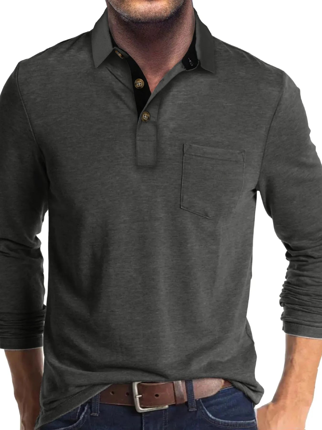 Men's Full Size Long Sleeve Pocket Polo Shirt Plus Size.
