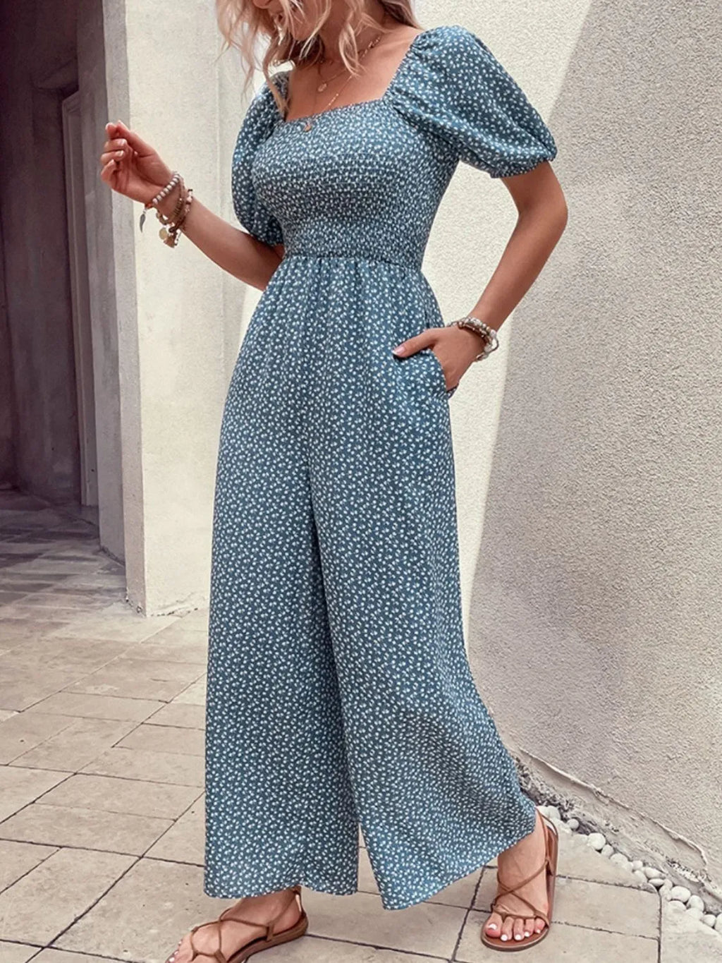 Printed Square Neck Puff Sleeve Jumpsuit.