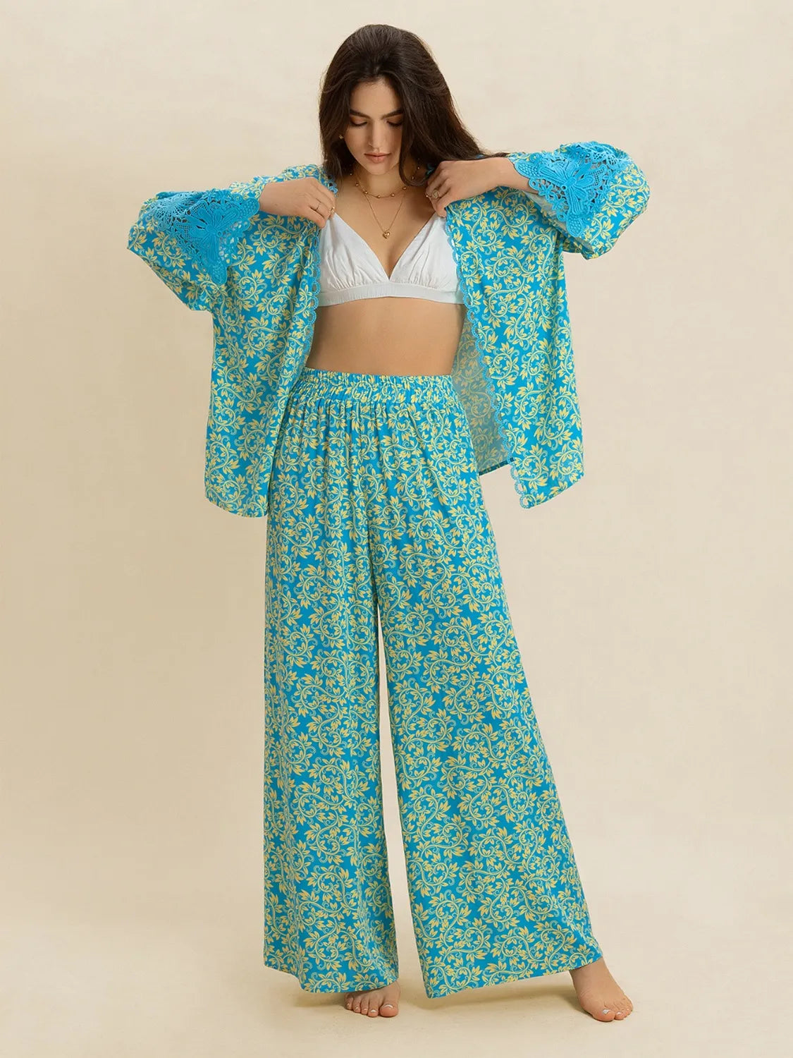 Open Front Printed Top and Pants Set - CHIC TB