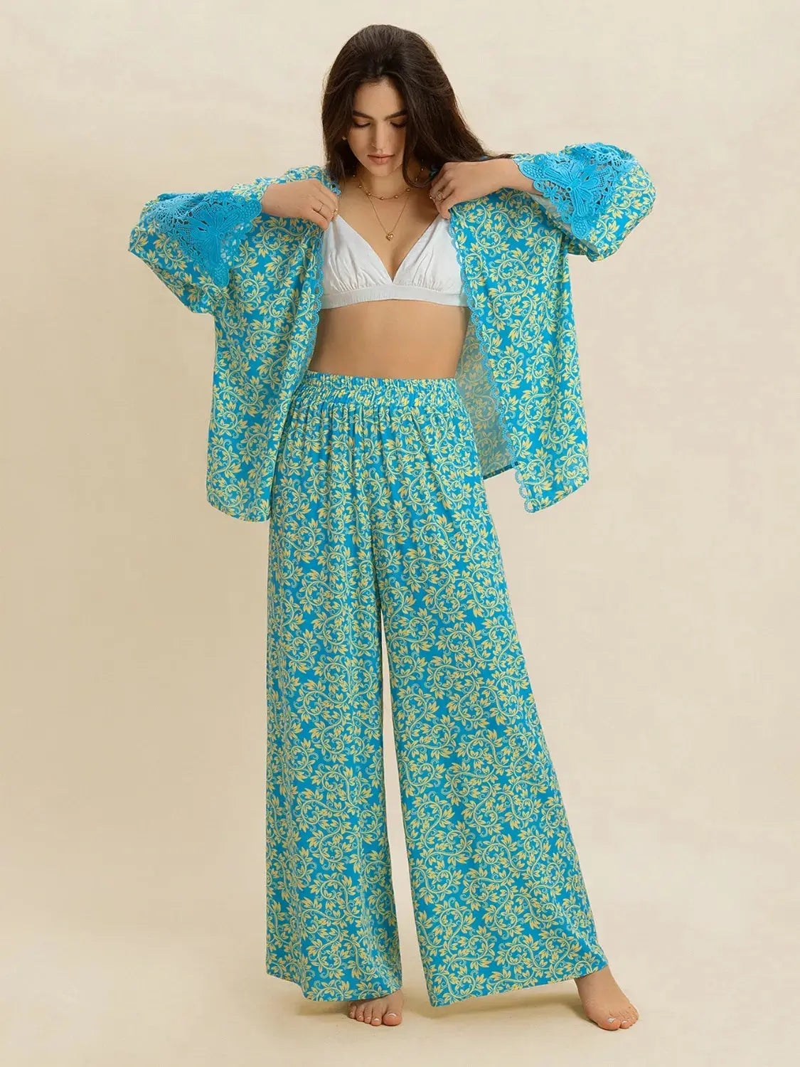 Open Front Printed Top and Pants Set.