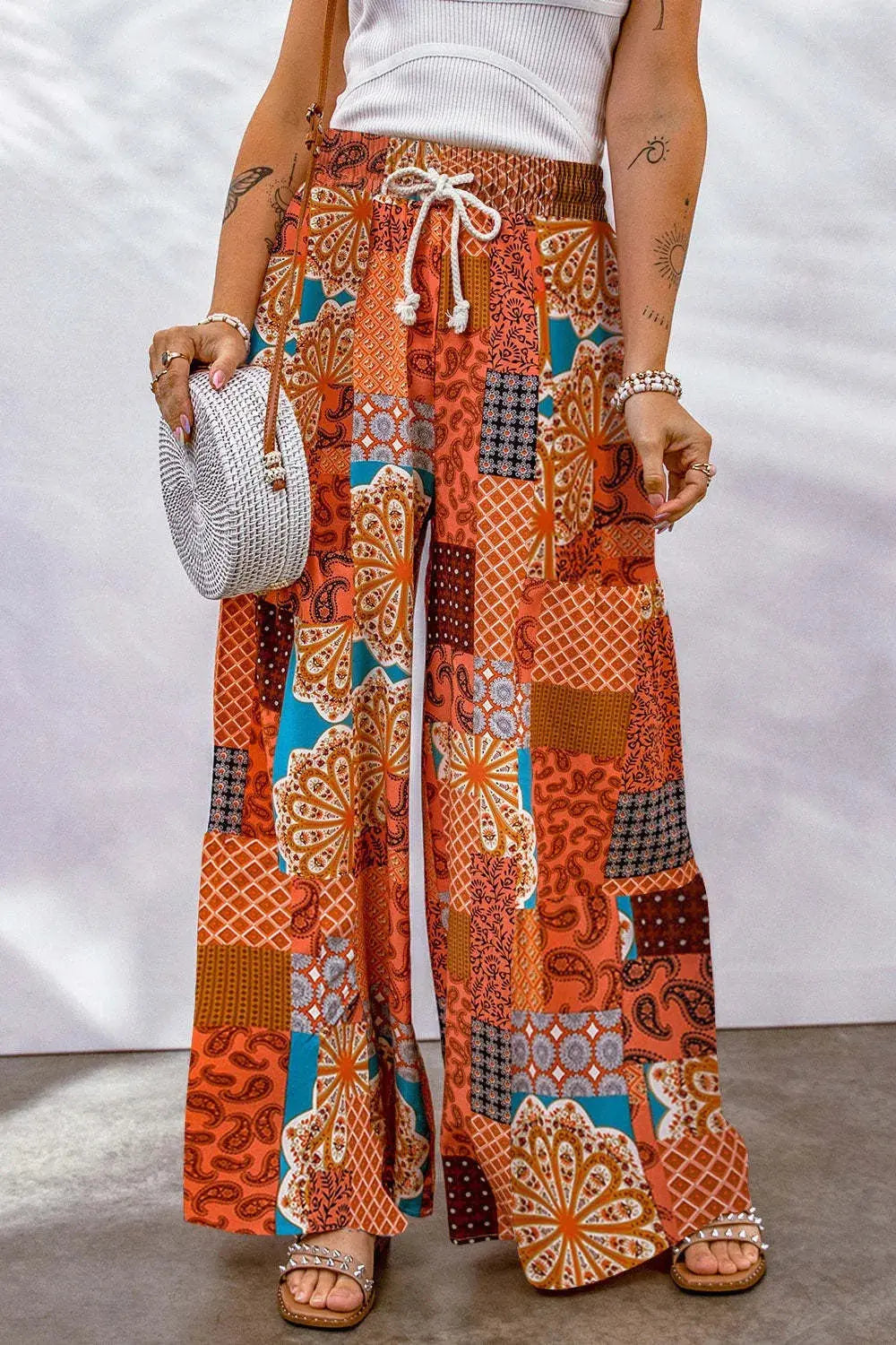Full Size Drawstring Printed Wide Leg Pants.