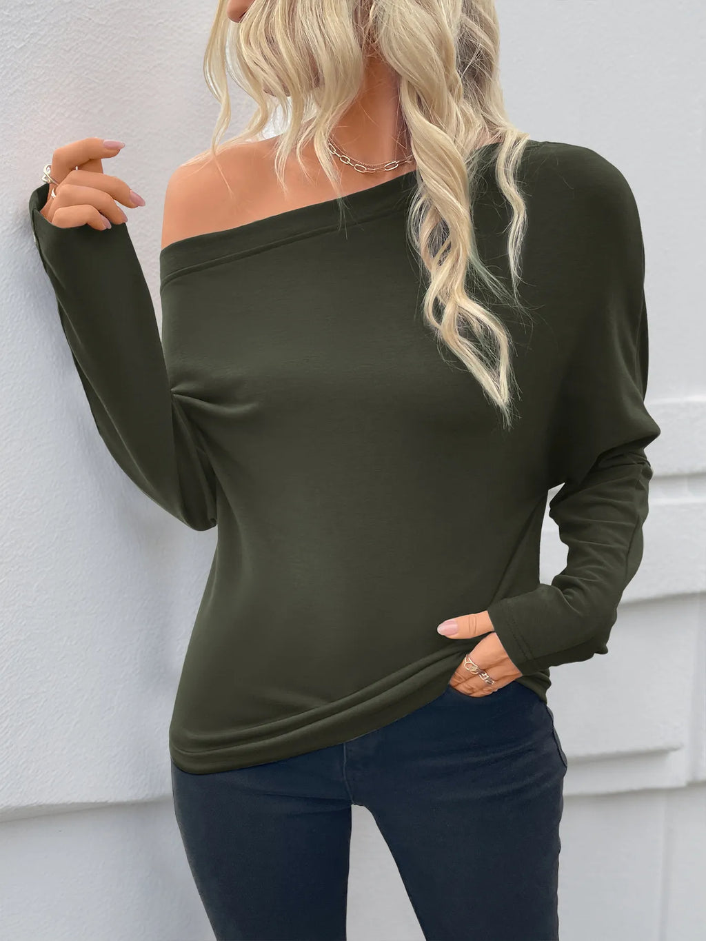 Single Shoulder Long Sleeve T-Shirt.