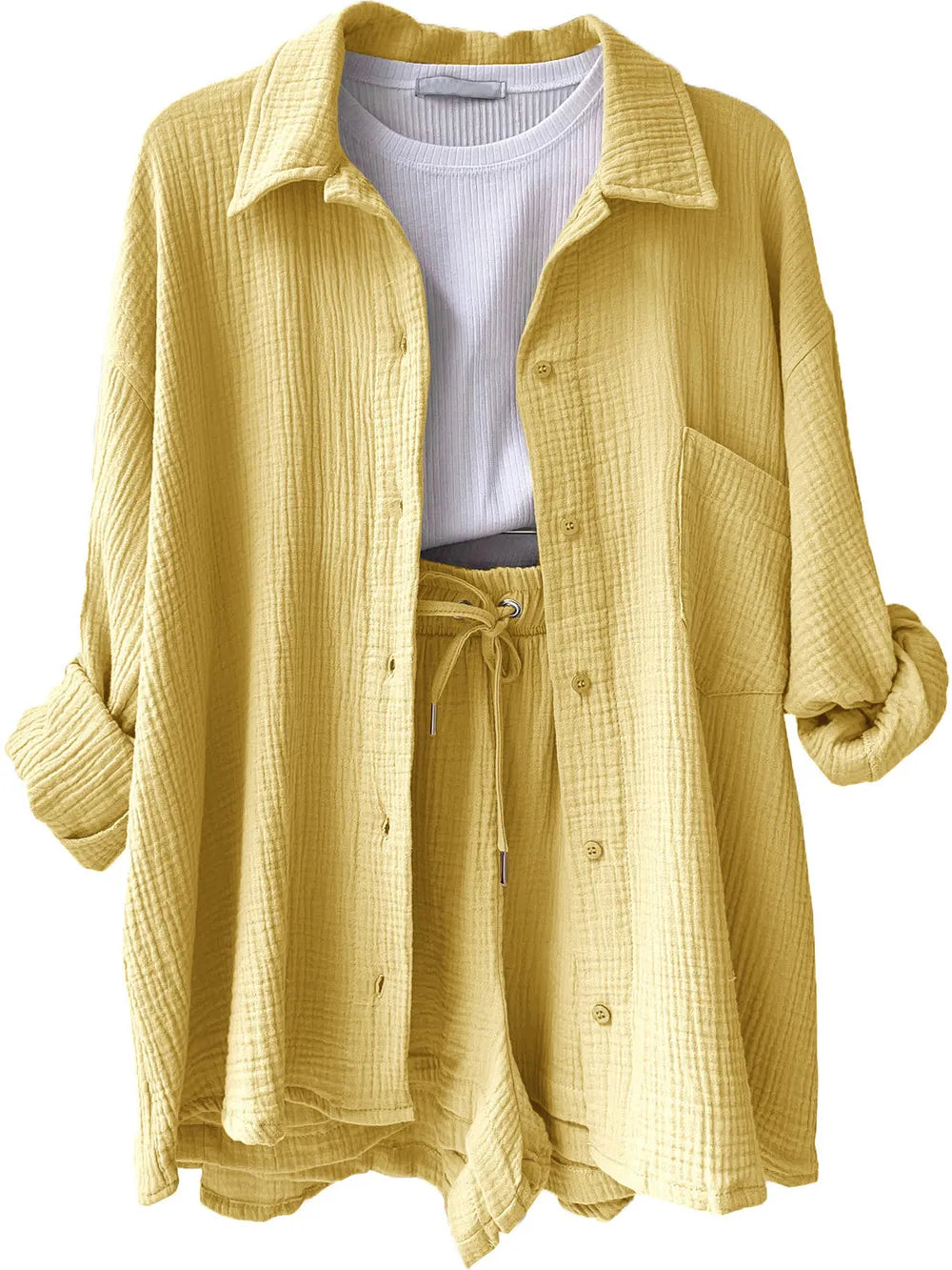 Texture Button Up Shirt and Drawstring Shorts Set - CHIC TB
