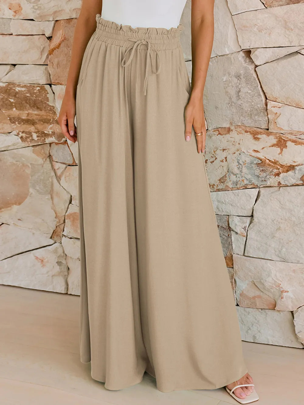 Drawstring Wide Leg Pants with Pockets.