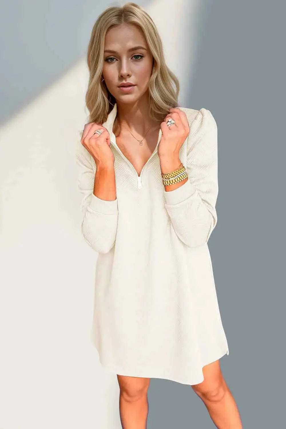 Double Take Textured Quarter Zip Long Sleeve Dress.