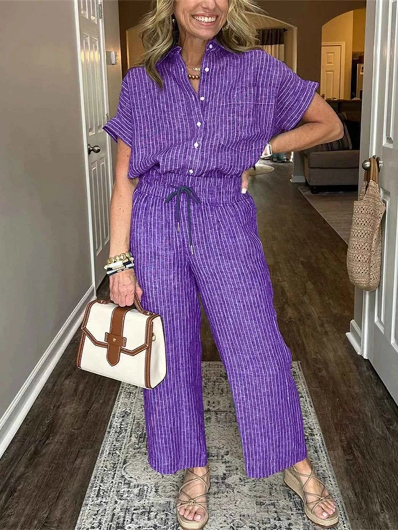 Full Size Striped Button-Up Shirt and Wide Leg Pants Casual Set Plus Size