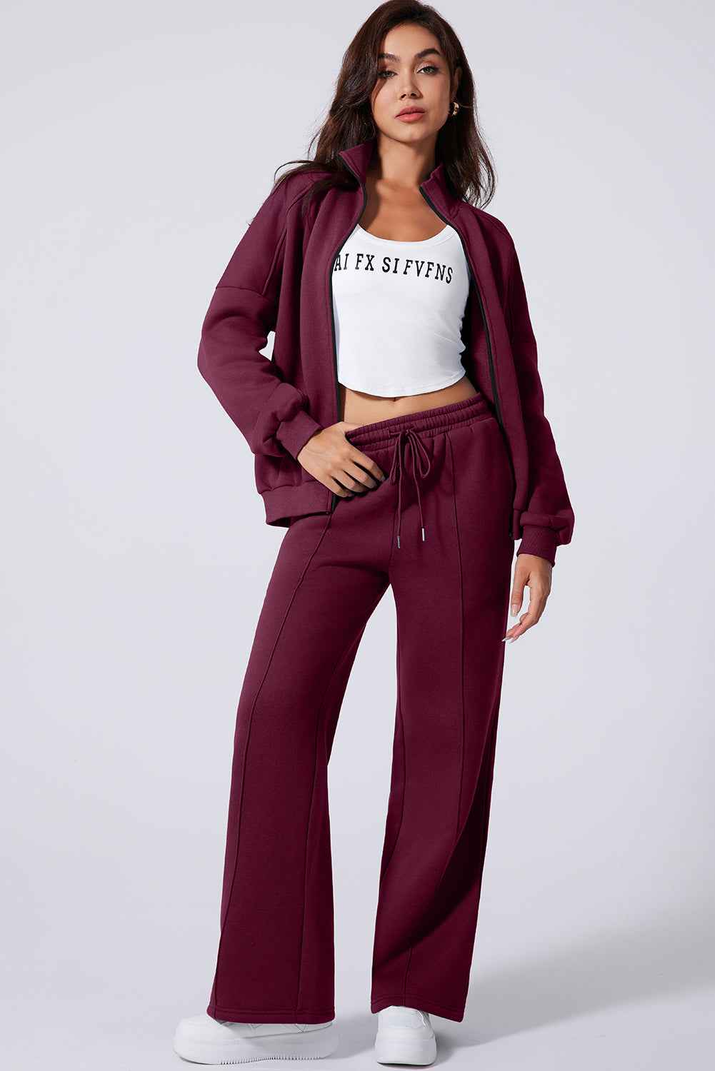 Burgundy Drop Shoulder Zip Up Jacket Drawstring Pants Active 2pcs Set