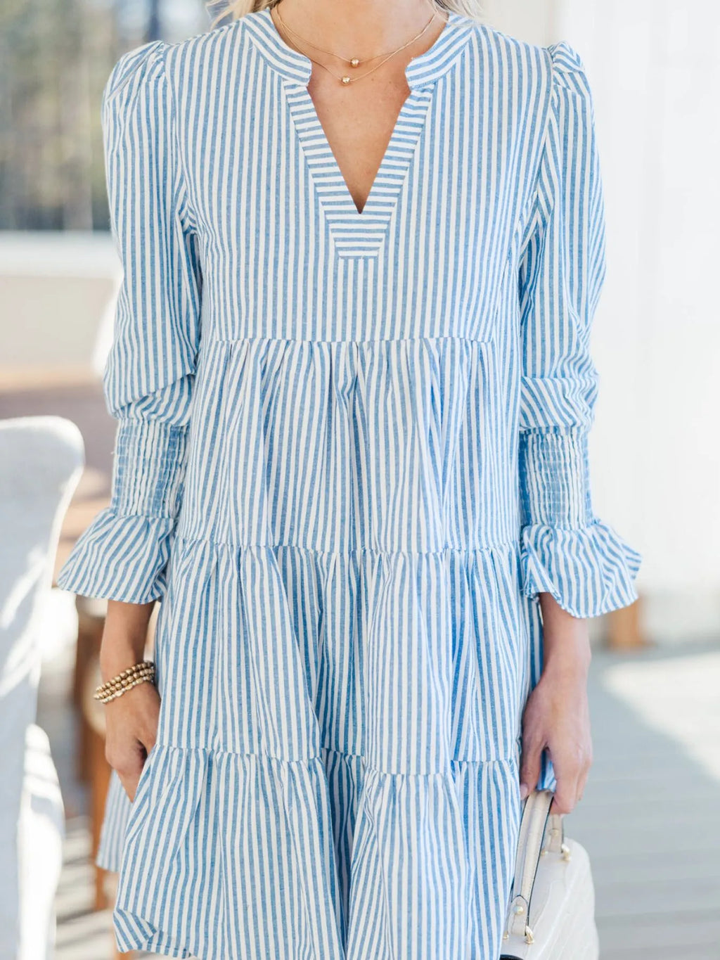 Striped Tiered Flounce Sleeve Shirt Dress.