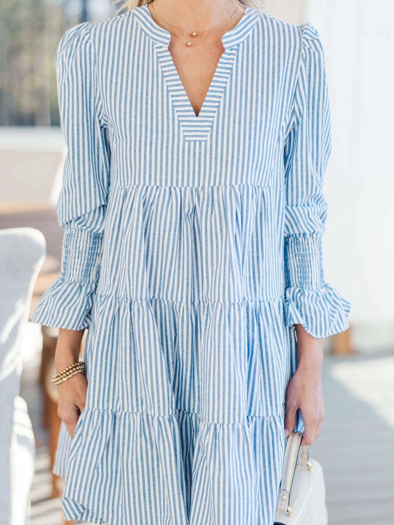 Striped Tiered Flounce Sleeve Shirt Dress.