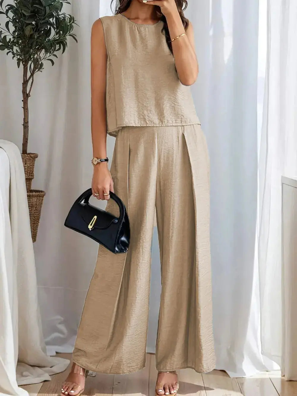 Round Neck Sleeveless Top and Wide Leg Pants Set.