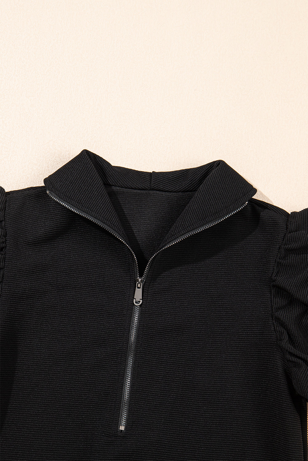 Black Textured Ruffled Sleeve Zipped Top and Wide Leg Pants Set Dear-Lover Dropshipping