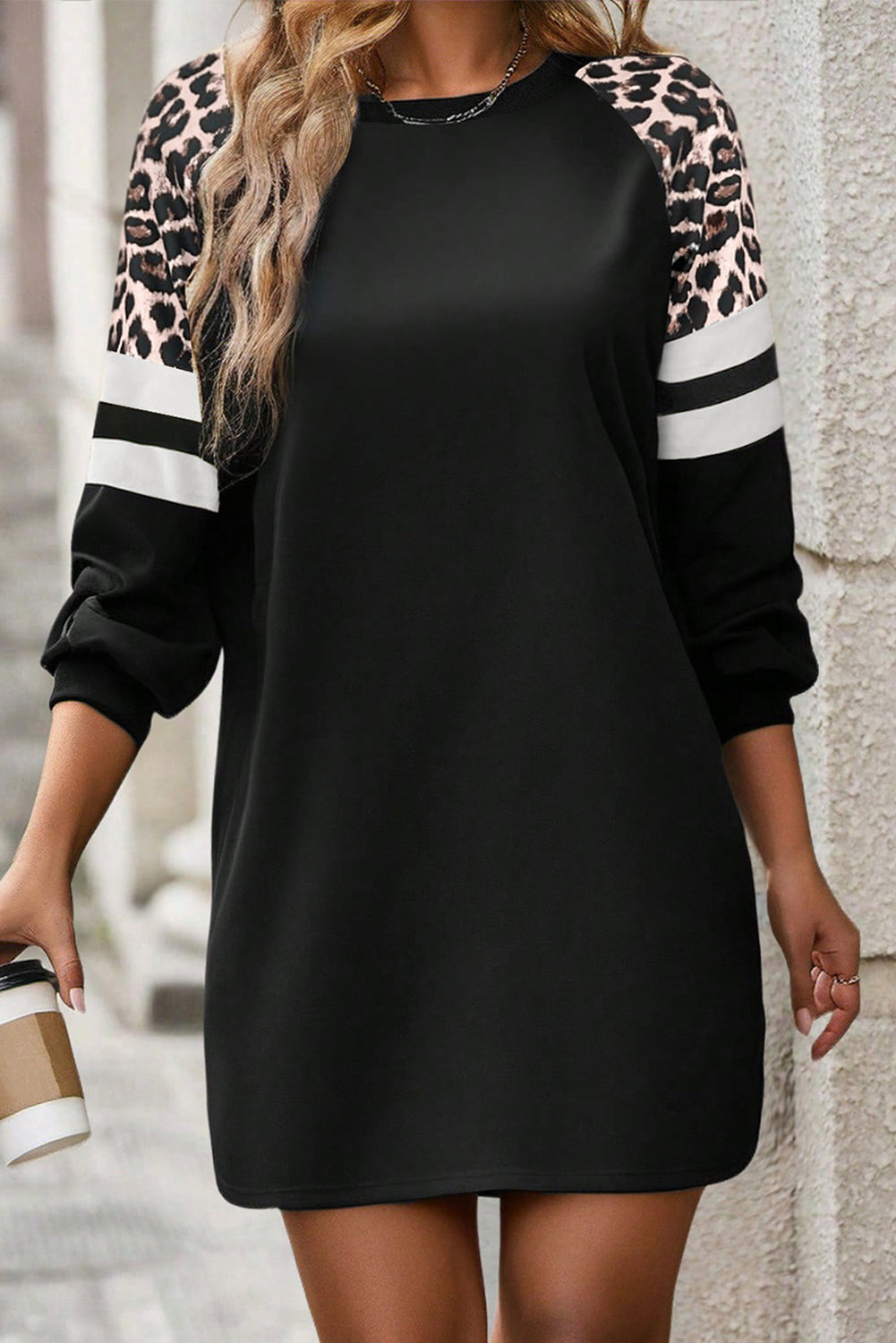 Black Leopard Print Patchwork Varsity Raglan Sleeve Sweatshirt Dress Dear-Lover Dropshipping