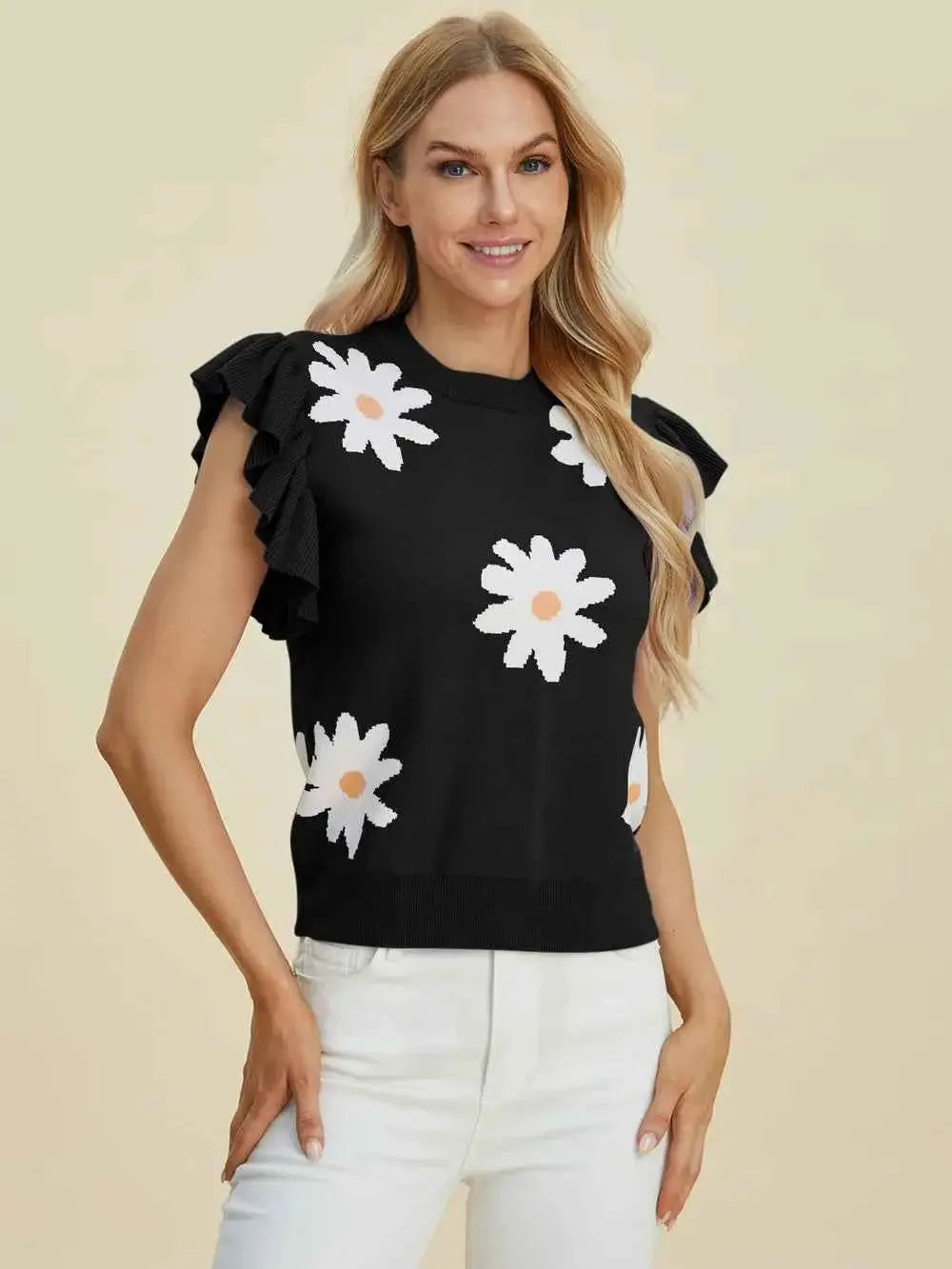 Ruffled Flower Round Neck Cap Sleeve Sweater.