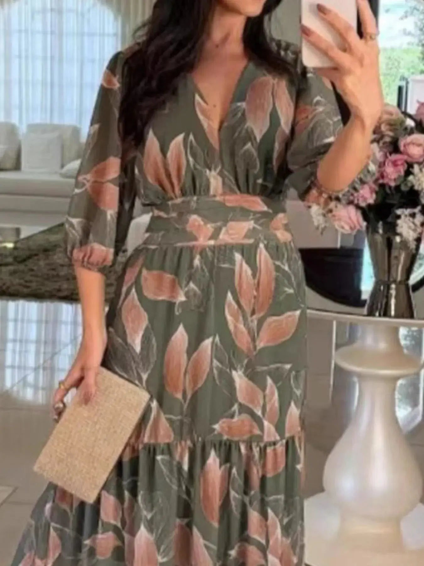 Full Size Printed V-Neck Maxi Dress with Tiered Hemline Plus Size.