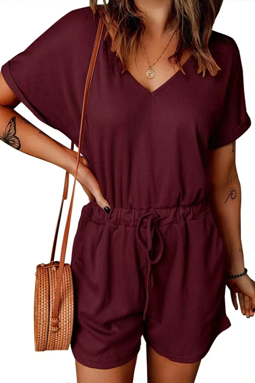 V-Neck Short Sleeve Romper.