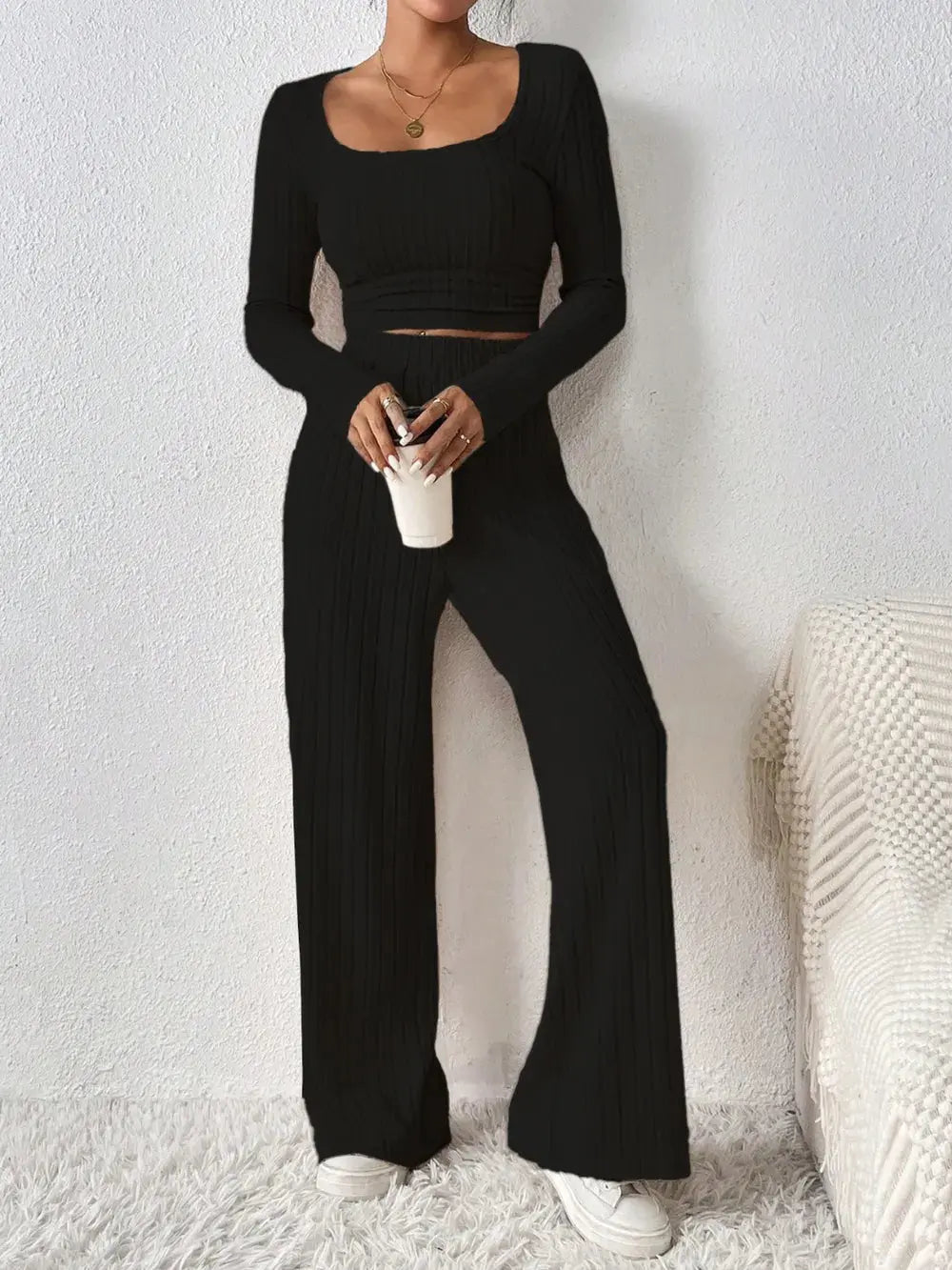 Honey Scoop Neck Long Sleeve Top and Pants Set.