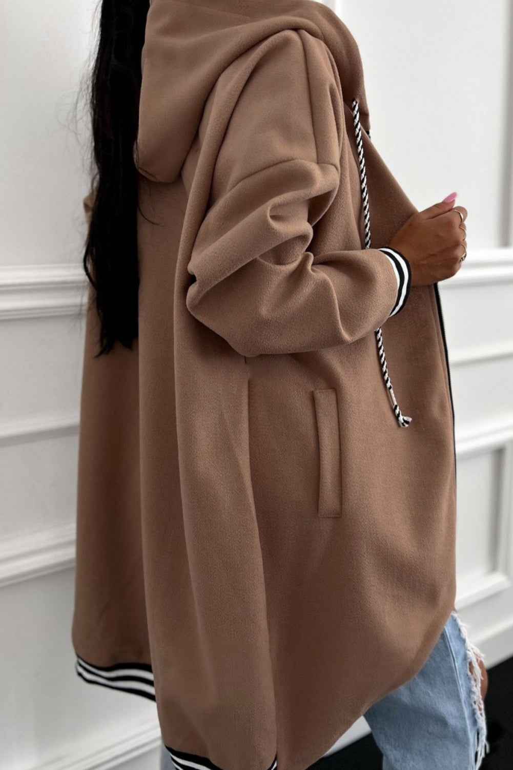 Dark Khaki Contrast Cuffed Drop Shoulder Zip up Tunic Hoodie