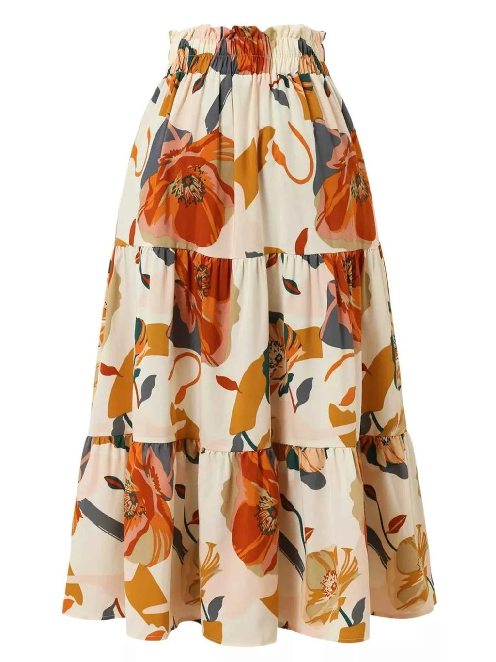 Full Size Floral Print Tiered Ruffle Midi Skirt Plus Size
