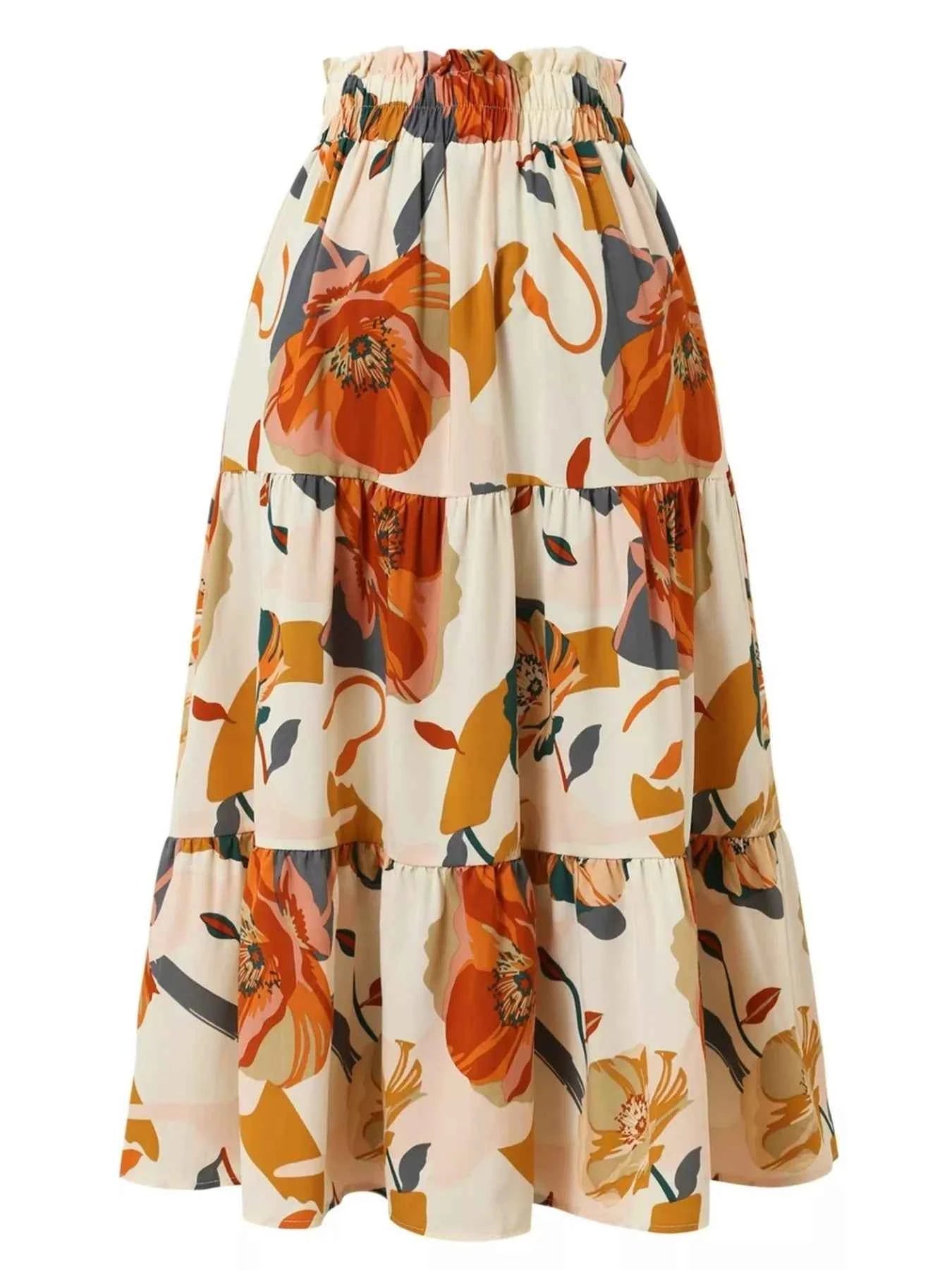 Full Size Floral Print Tiered Ruffle Midi Skirt Plus Size
