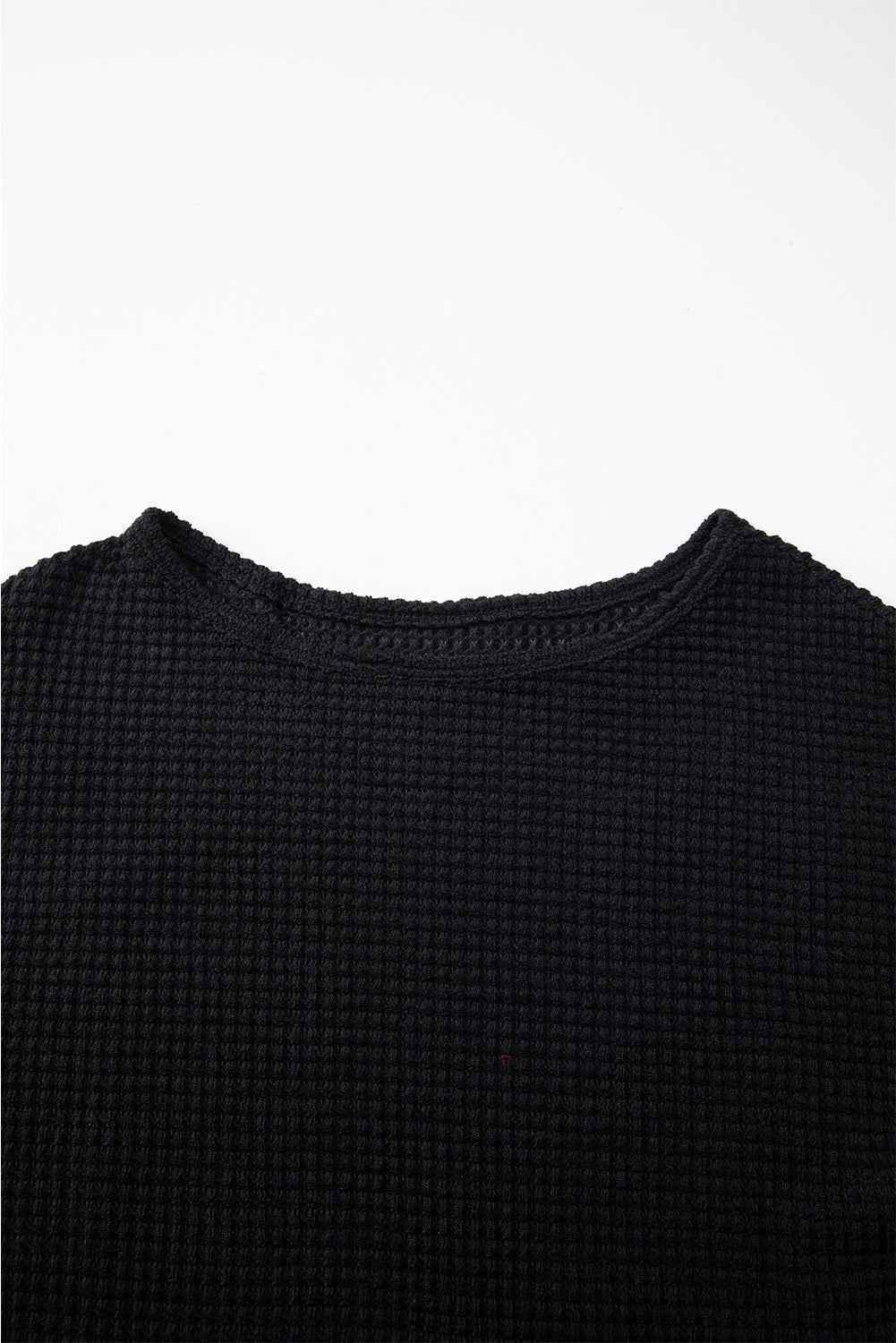 Black Waffle Knit Drop Shoulder Long Sleeve Top