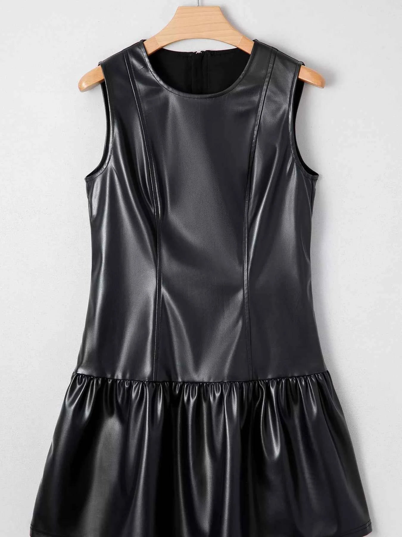 Faux Leather Ruffle Hem Sleeveless Mini Dress