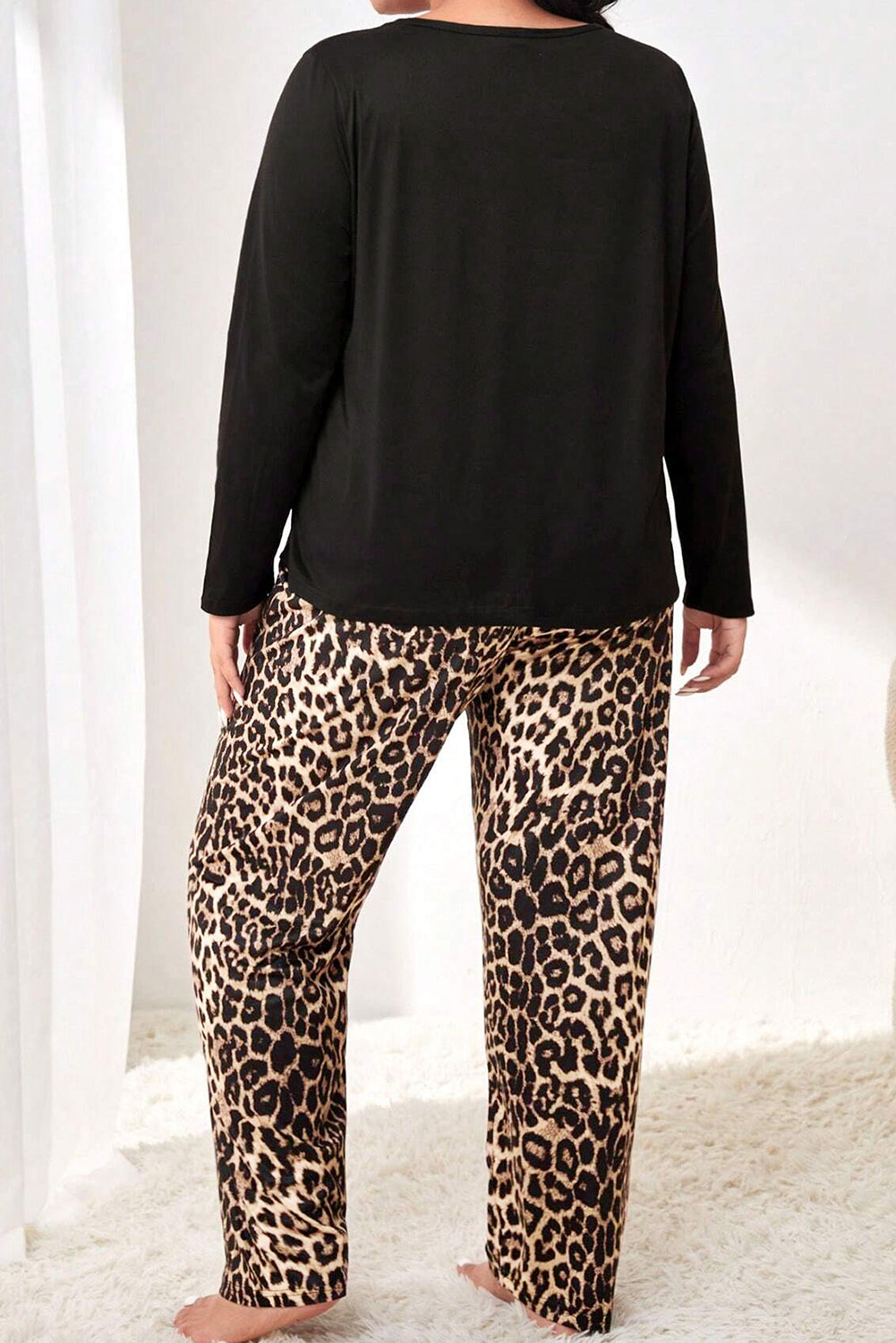 Black Leopard Patched Pocket Long Sleeve Top Plus Size Pants Set Dear-Lover Dropshipping