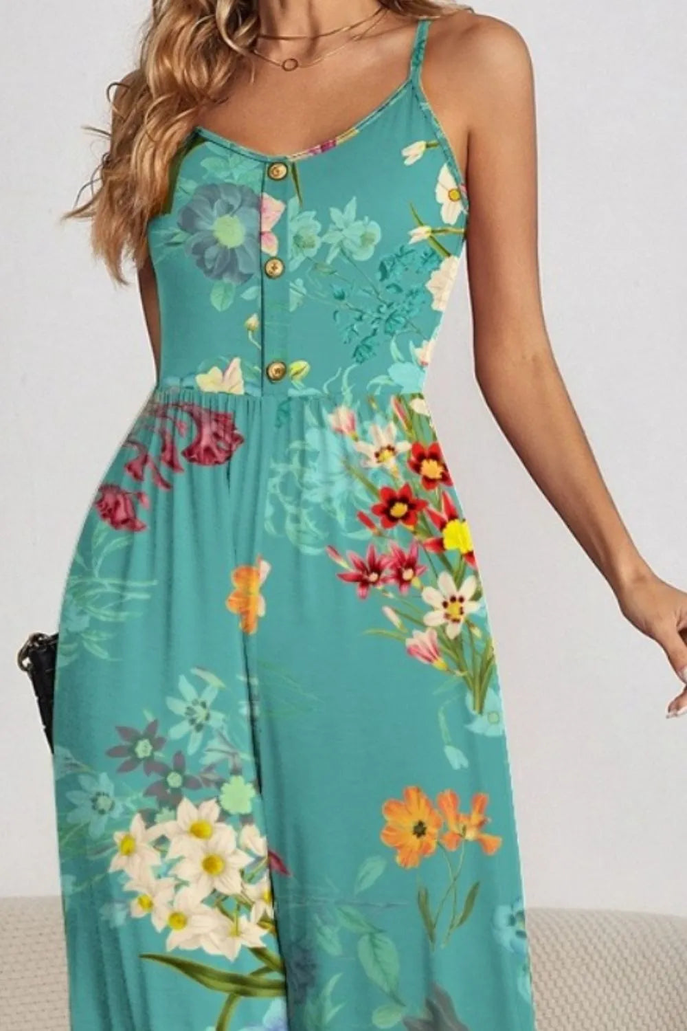 FAM-FAM Decorative Button Spaghetti Strap Wide Leg Jumpsuit - CHIC TB