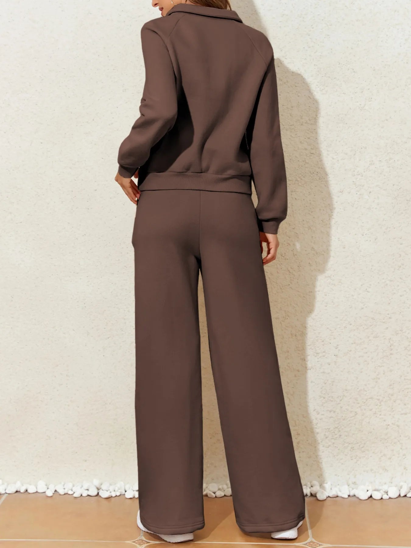 Collared Sweatshirt and High Waist Pants Active Set.