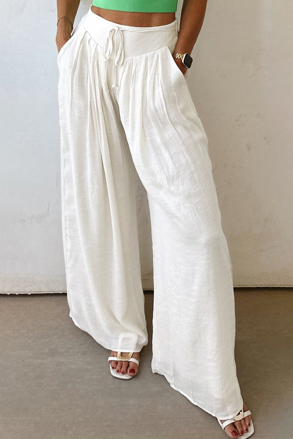 White Solid Drop Waist Pleated Wide Leg Casual Pants Dear-Lover Dropshipping