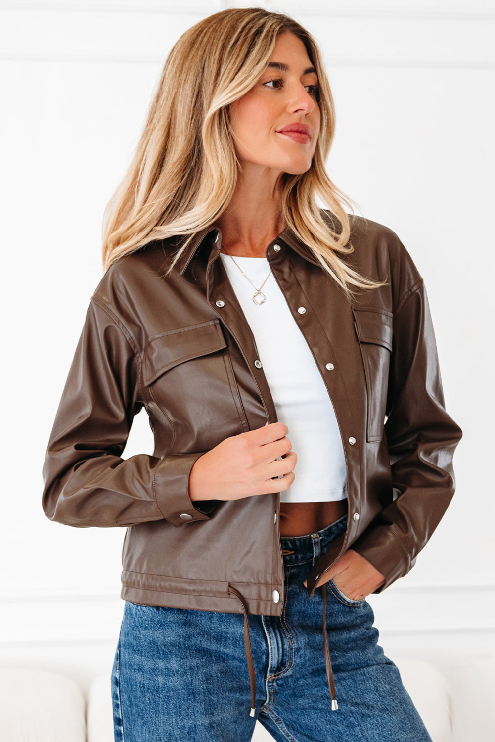 Chicory Coffee Double Flap Pocket Drawstring Hem Leather Jacket Dear-Lover Dropshipping