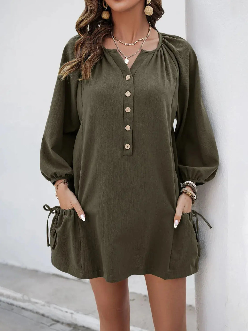 Button Front Balloon Sleeve Dress.