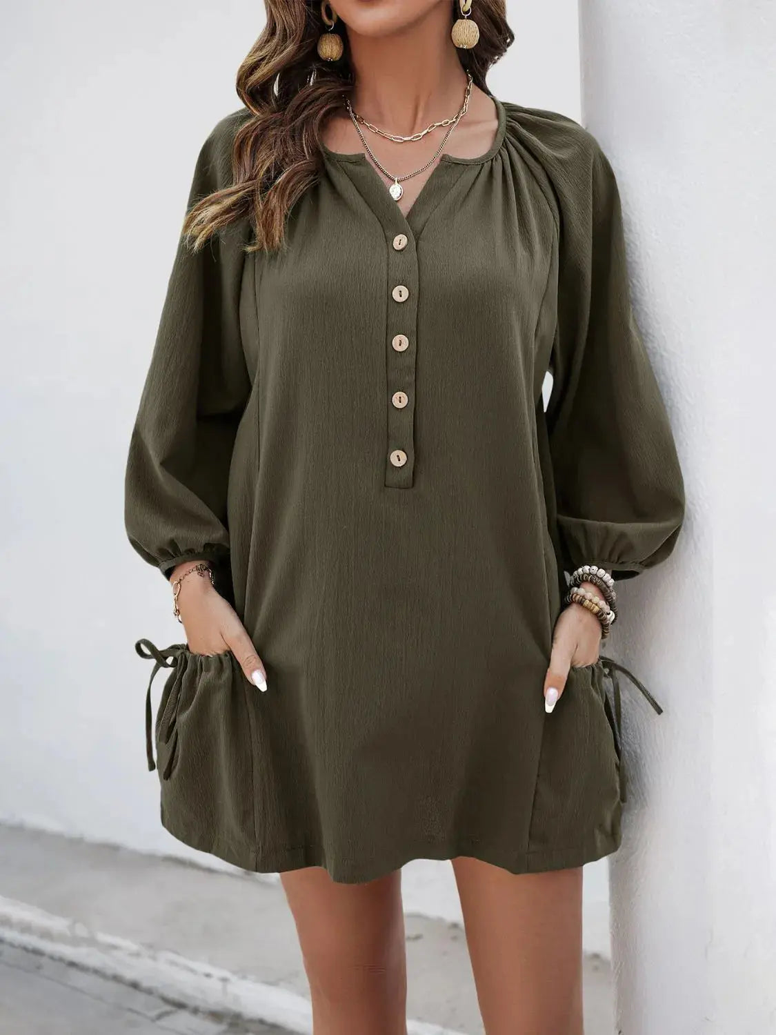 Button Front Balloon Sleeve Dress.